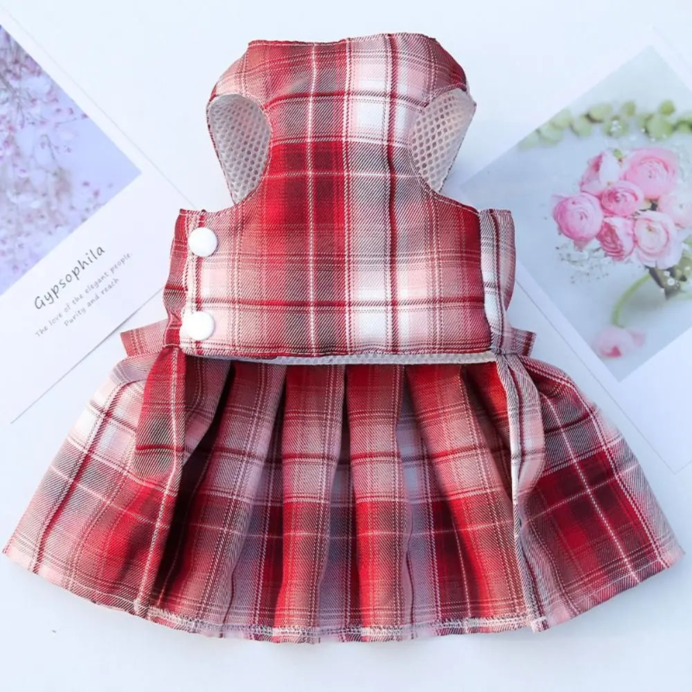 Plaid JK Style Dog Dress With Leash Harness And Bow
