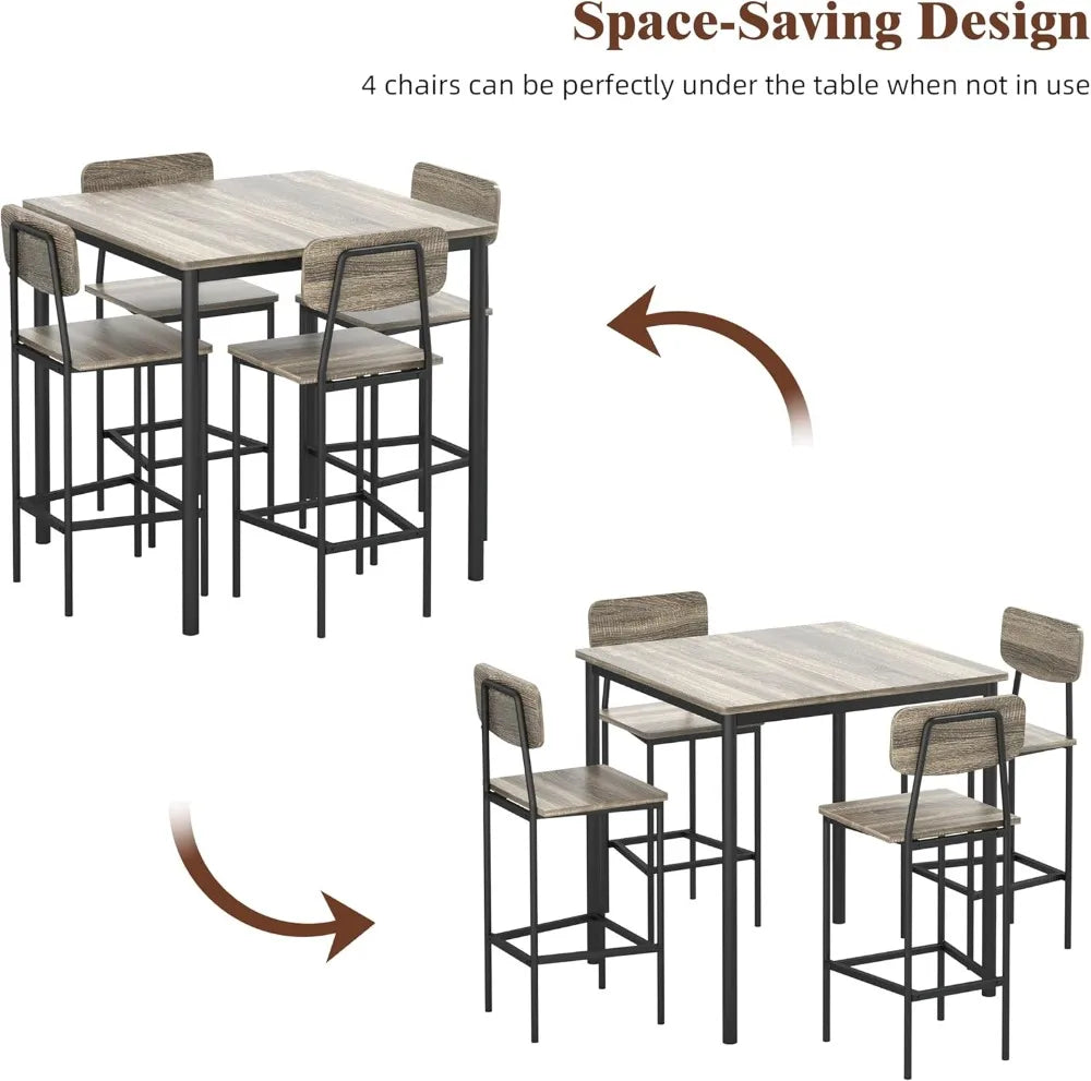Industrial Dining Table Set With Stools In Gray Finish