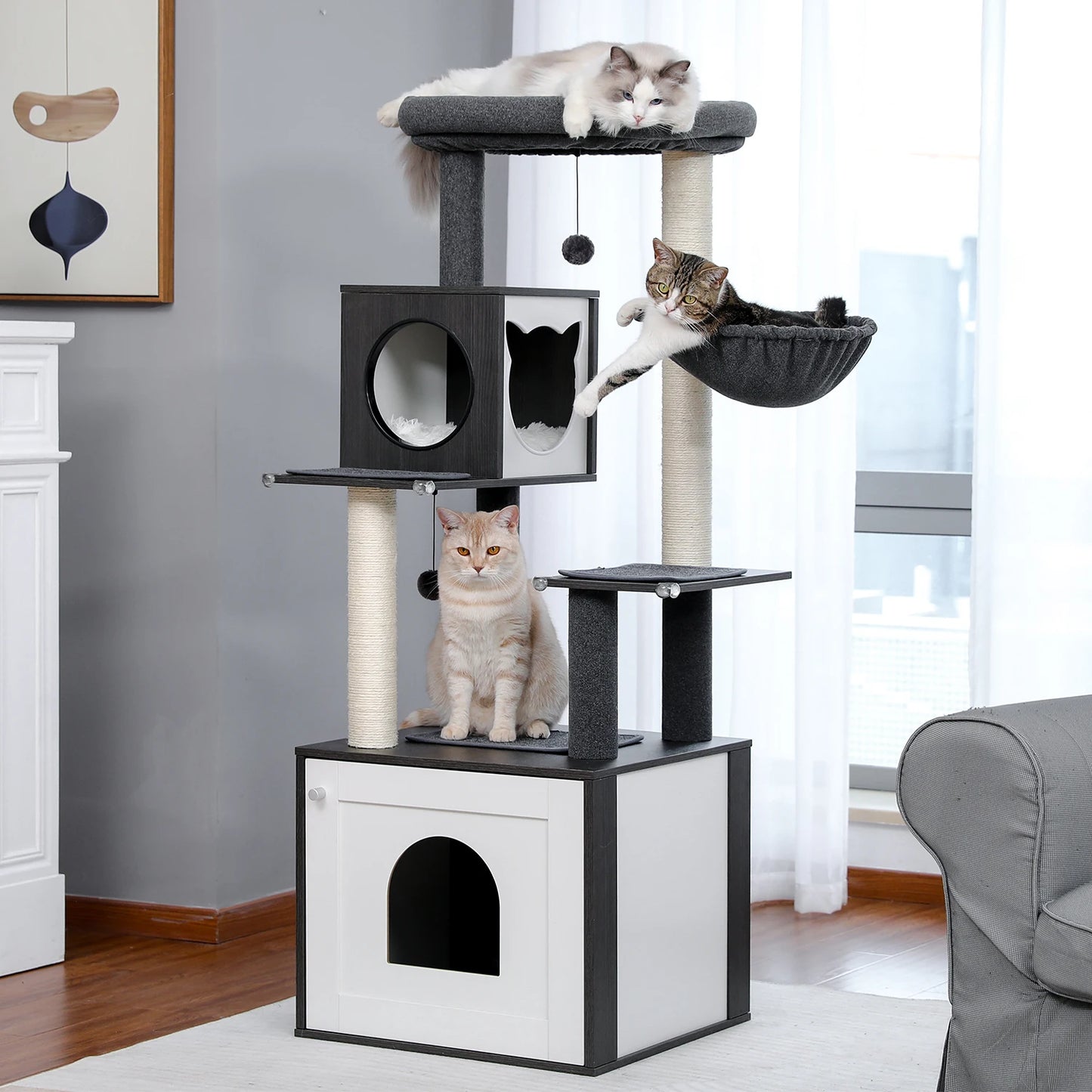 PAWZ Ro Multi Level Cat Tree Indoor Wood Tower With Scratching Posts And Cat Toys