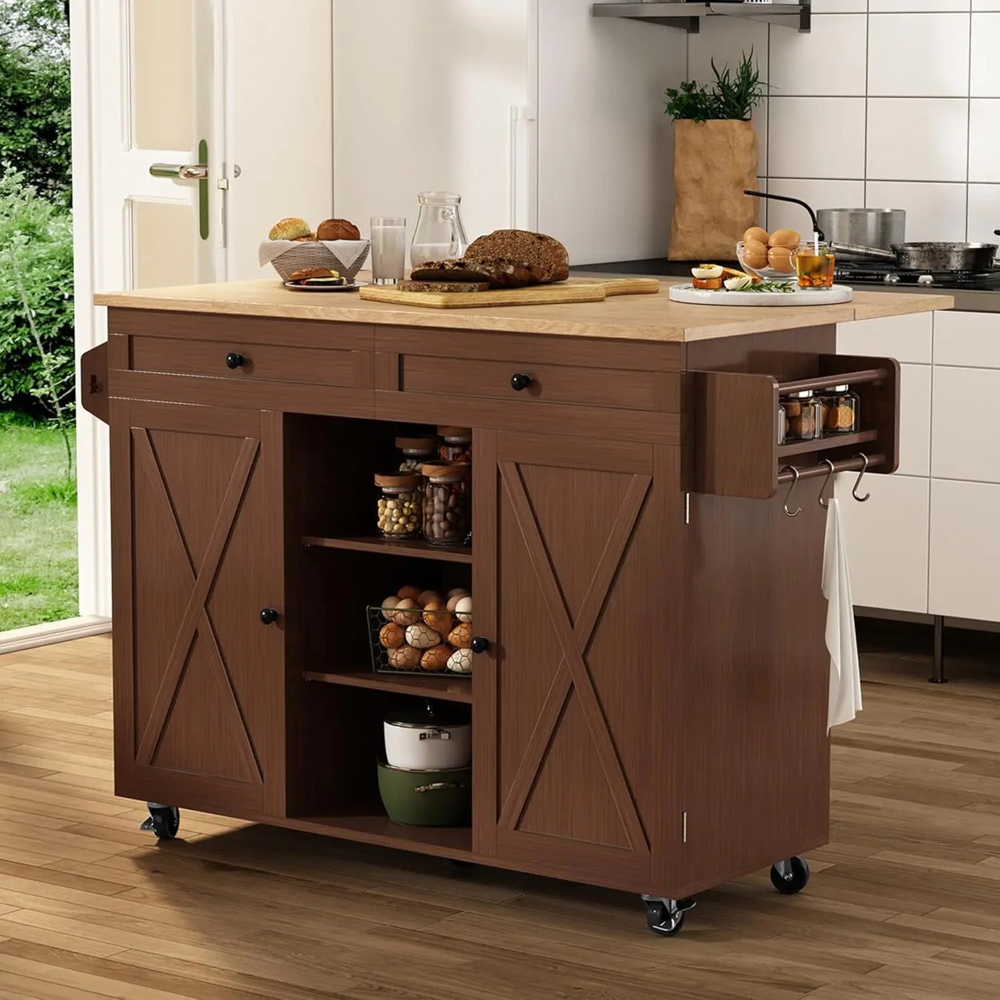Kitchen Island On Wheels With Drop Leaf And Barn Door