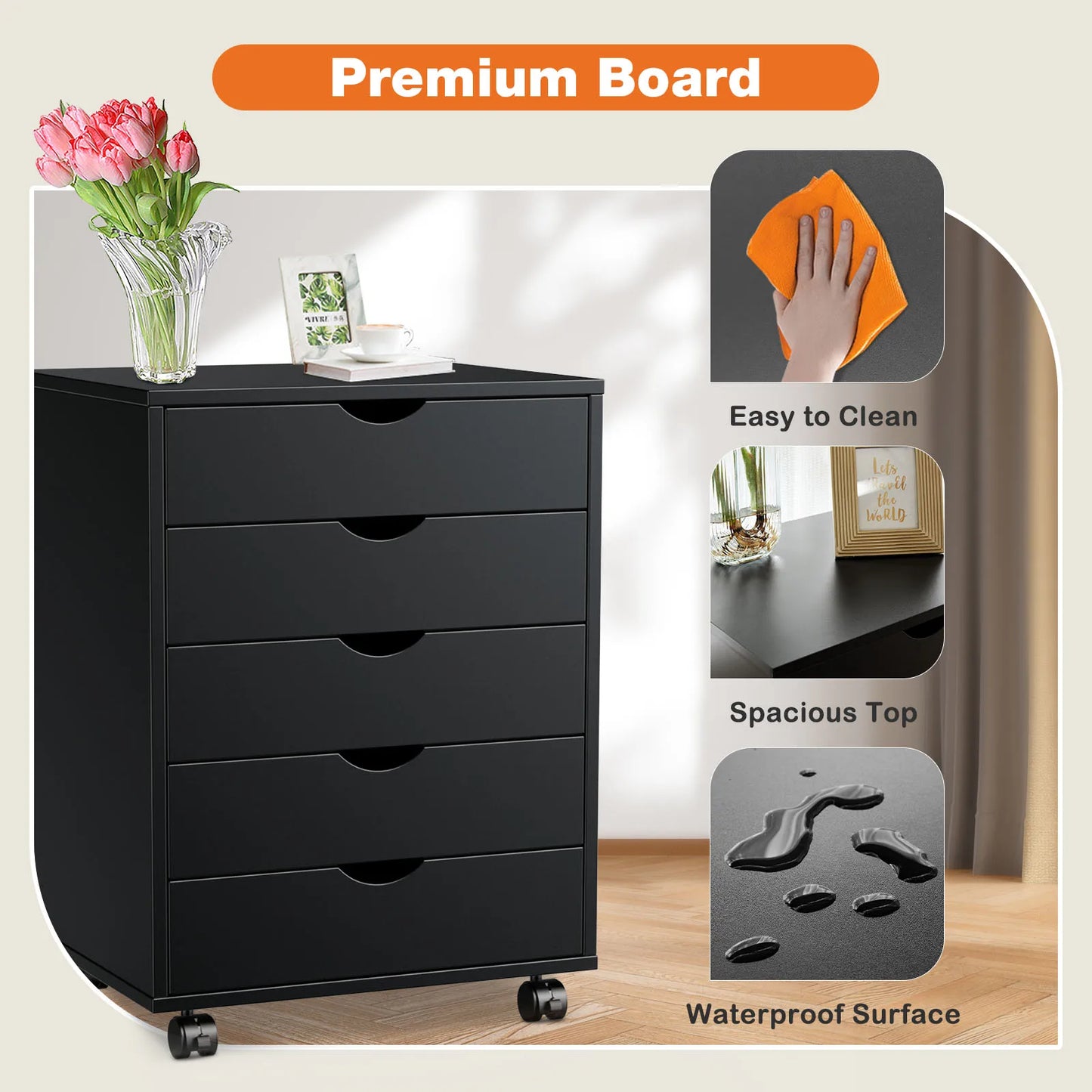 JHK Wood Nightstand 5 Drawer Storage Organizer With Rollers