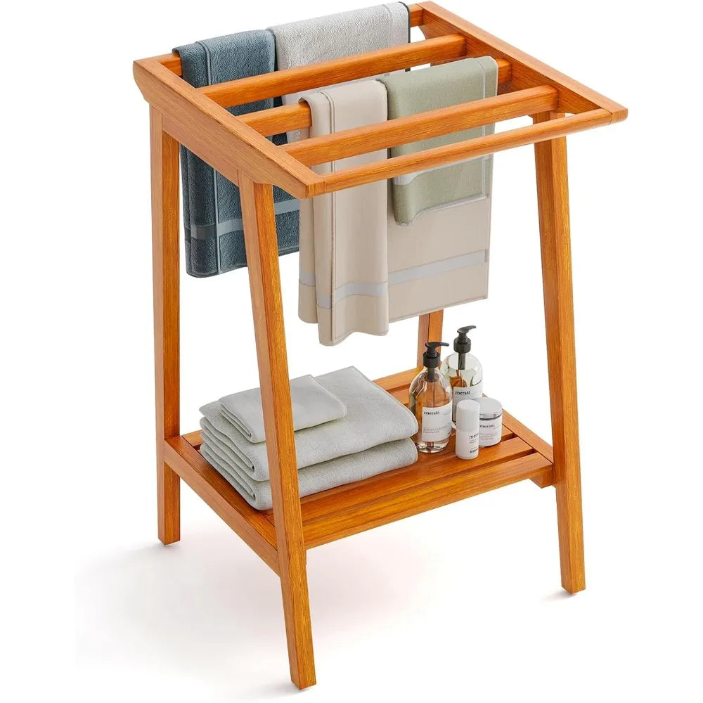 DAFIFY Freestanding Teak Towel Rack With Storage Shelf