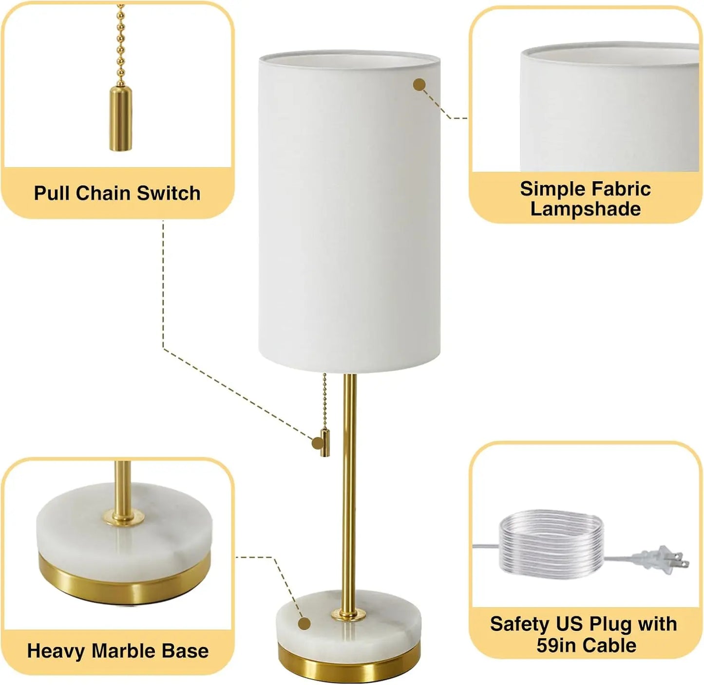 Modern Marble Base Table Lamp Set Of 2 With Fabric Shade And Pull Chain