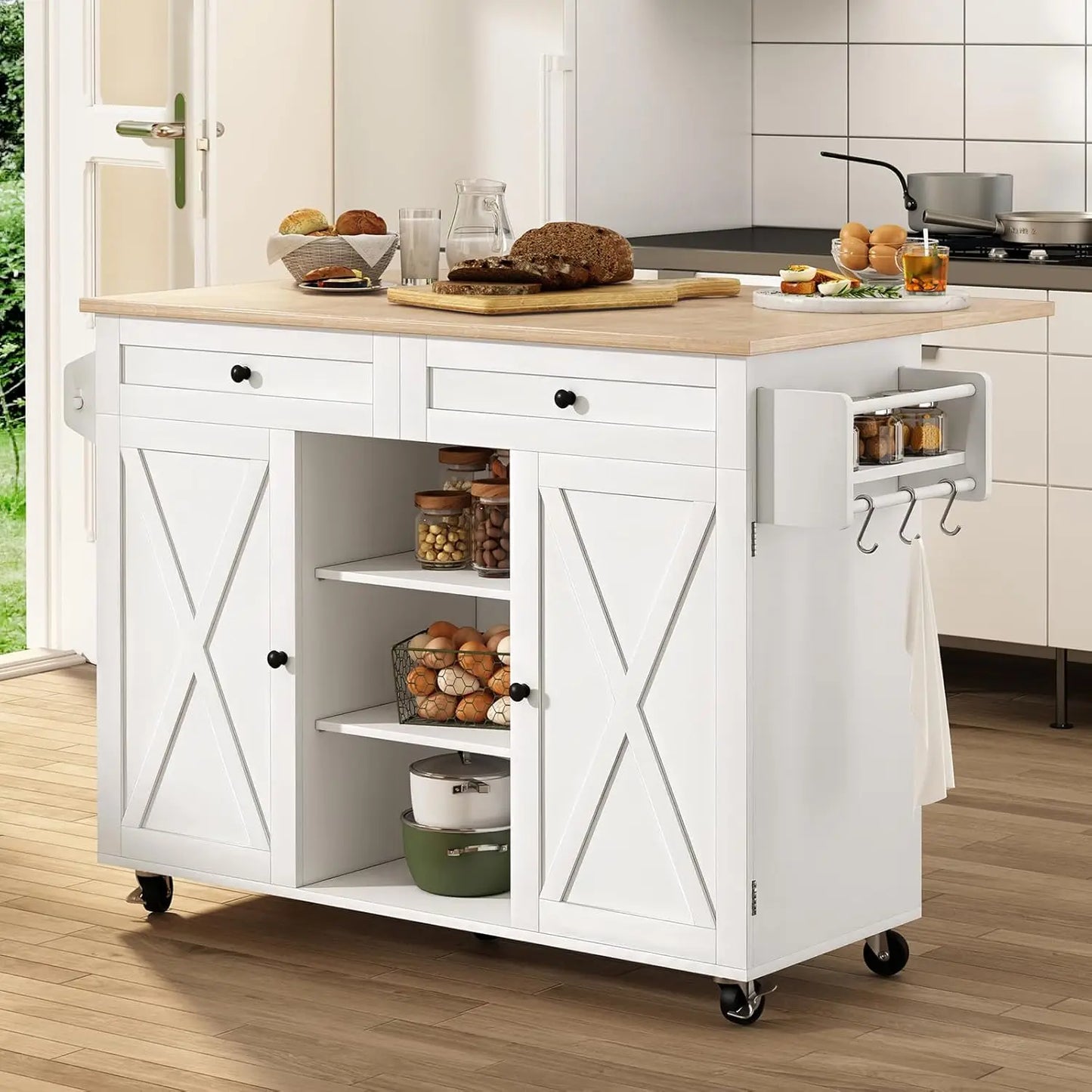 Kitchen Island On Wheels With Drop Leaf And Barn Door