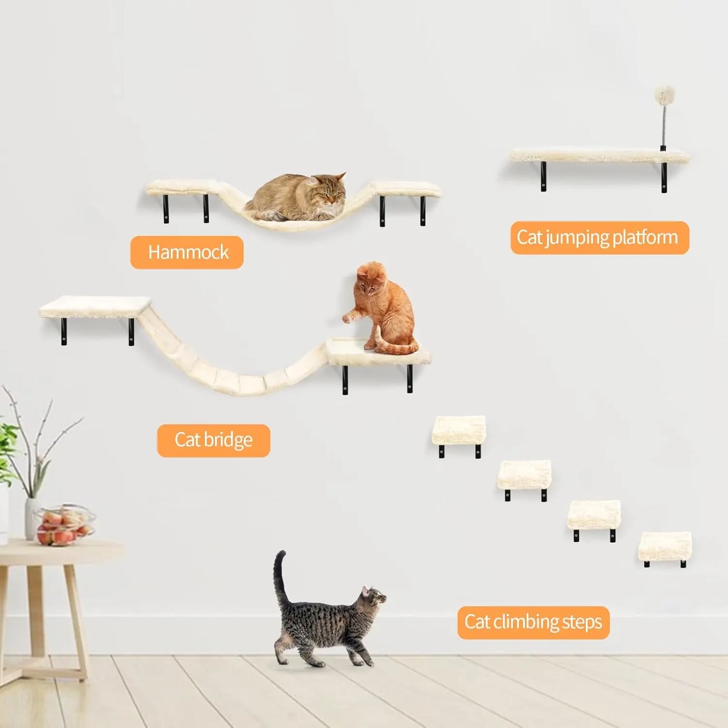 Wall Mounted Cat Climber Set With Shelves Perches Bridge Hammock