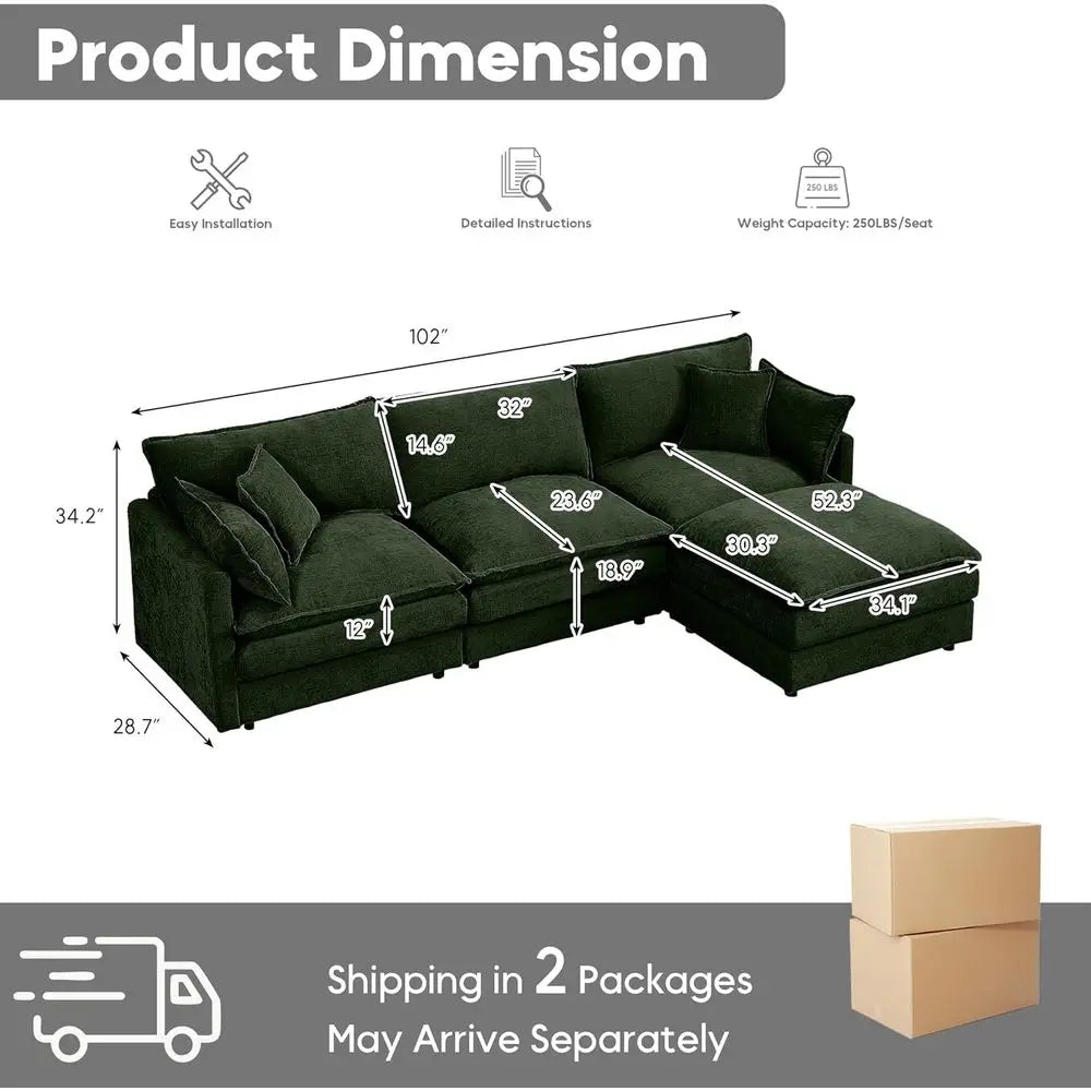 L Shaped Sectional Sofa Chenille Upholstery Ottoman