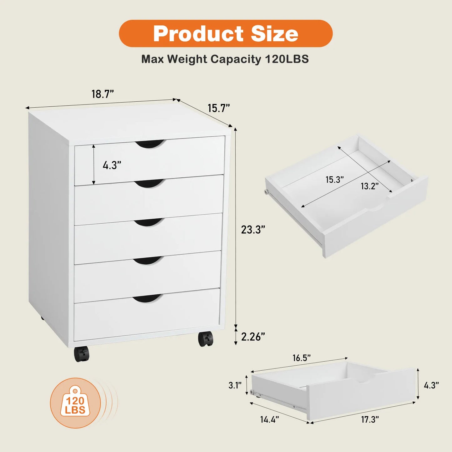 JHK Wood Nightstand 5 Drawer Storage Organizer With Rollers