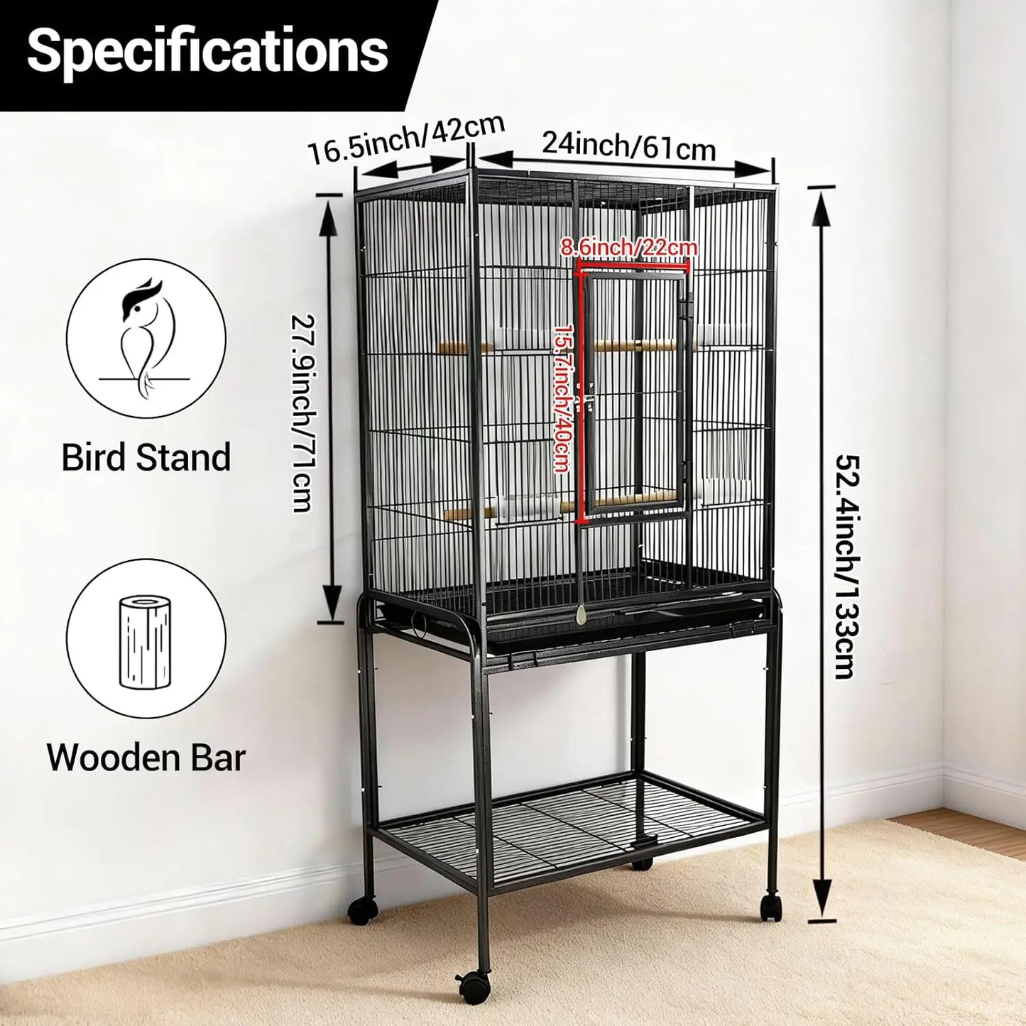 HiMISSCN Wrought Iron Bird Flight Cage With Rolling Stand