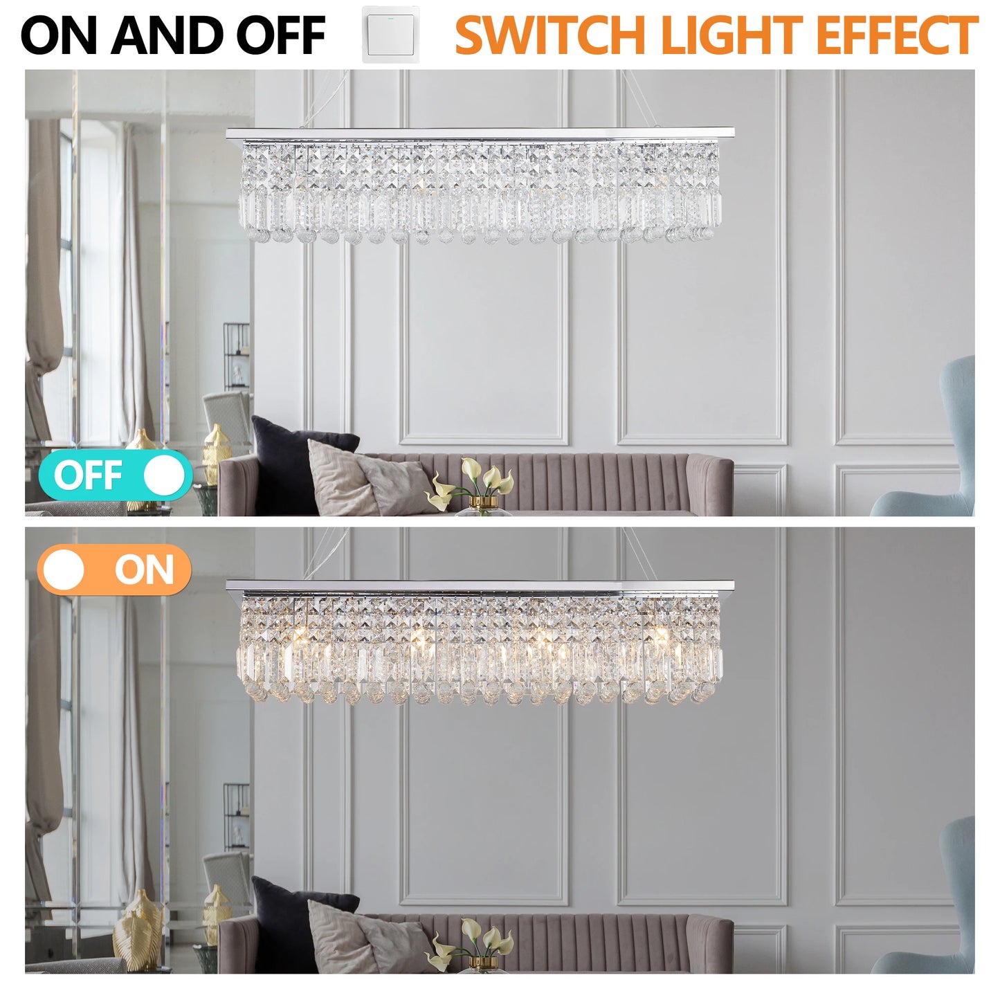 ARLGSITE Modern Crystal Chandelier Chrome Finish Rectangular Pendant