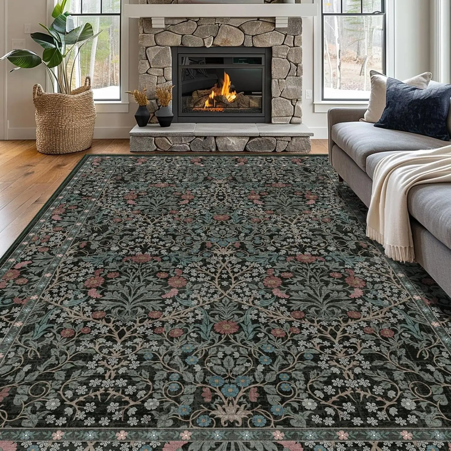 Washable Vintage Floral Rug Non Slip Stain Resistant Cotton