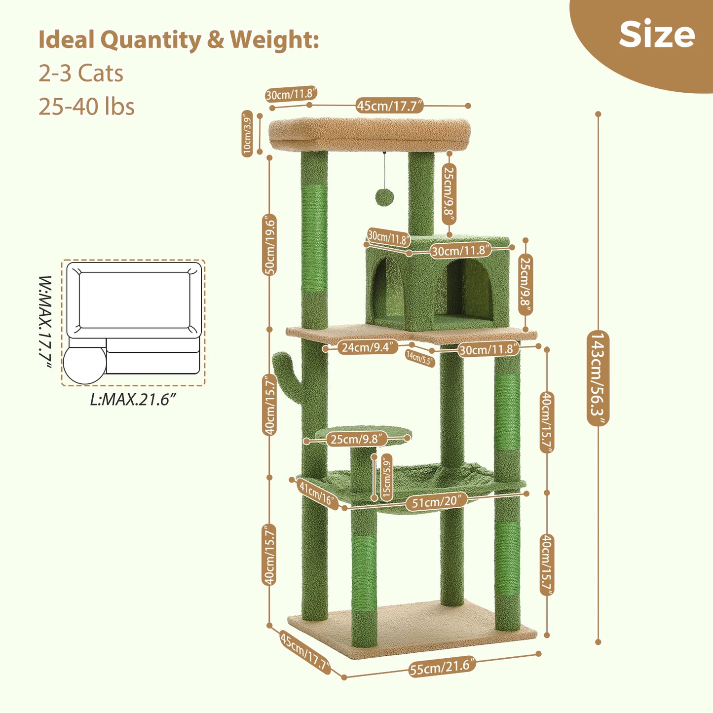 PAWZ Road Cactus Cat Tree Tower for Large Indoor Cats with Top Perch