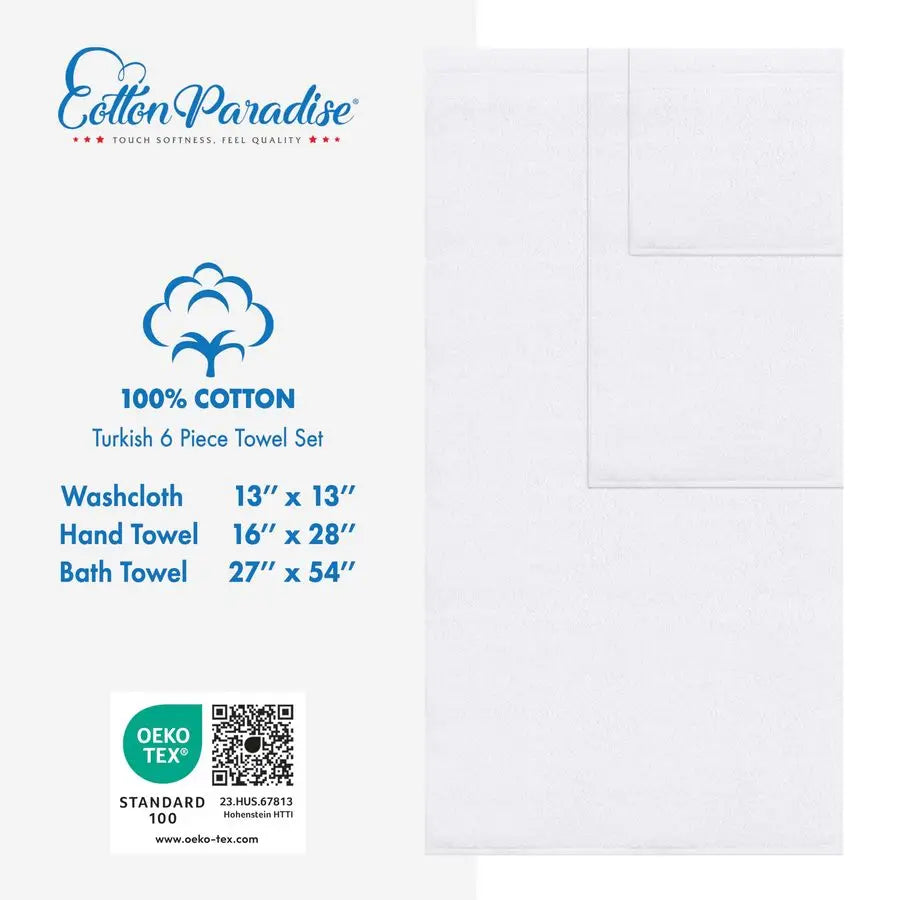 Turkish Cotton 6 Piece Towel Set Absorbent Bath Towels