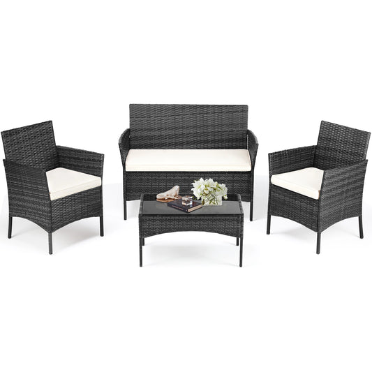 JHK Outdoor Wicker Rattan Patio Furniture Set With Glass Table