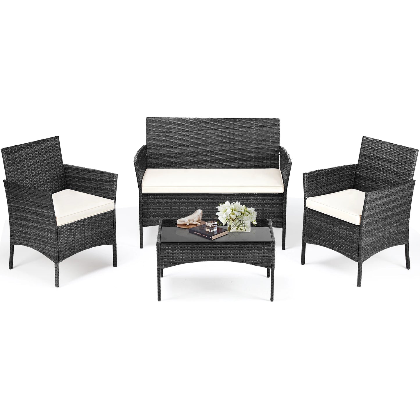 DUMOS 4 Piece Outdoor Patio Furniture Set With Glass Table