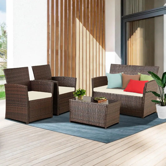 Outdoor 4 Piece Wicker Patio Furniture Set with Table
